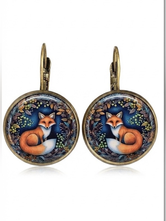 Fashion Jewelry Jewelry - Orange and Blue Bass tone Fox Dangle Earrings